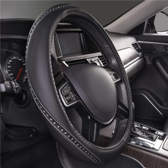 Bling Diamond Black Leather Steering Wheel Cover, Studded Crystal Rhinestones - Picture 4 of 7